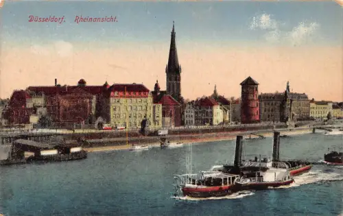 A212 Deutschland Düsseldorf Rhein Blick Dampfschiffe Vintage Postkarte