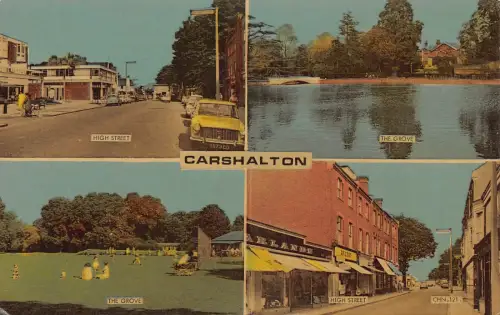 B210 England Carshalton Grove Car High Street Shops Vintage Postkarte