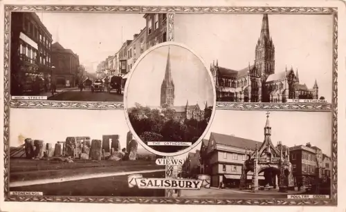 B211 England 1912 Salisbury High Street Poultry Cross Cathedral RPPC Postkarte