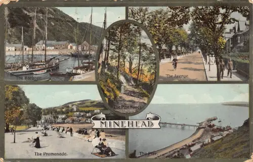 B211 England 1915 Minehead Avenue Hafen Boot Promenade Pier Postkarte