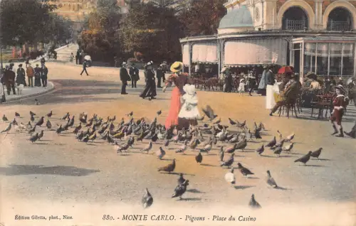 B221 Monaco Monte Carlo Tauben Place du Casino Vögel Touristen Vintage Postkarte