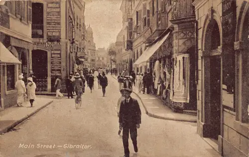 B221 Gibraltar Main Street Universal Restaurant Fahrradgeschäfte Vintage Postkarte