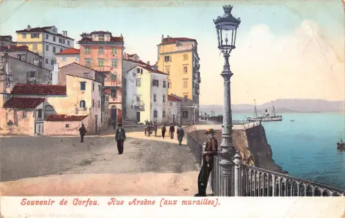 B221 Griechenland 1908 Souvenir de Corfou Rue Arsene aux murailles Lampenmast Postkarte