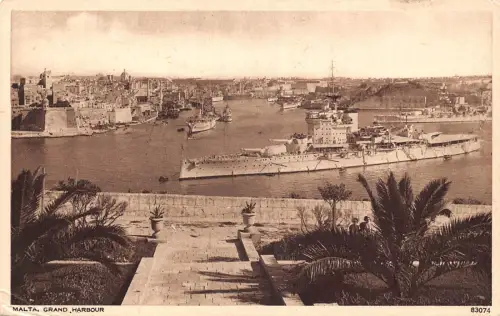 B222 Malta Valetta Grand Harbour Steamboat Vintage Postkarte