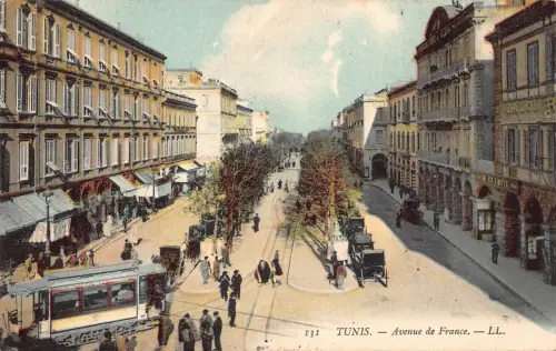 B222 Tunesien Tunis Avenue de France Straßenbahn Vintage Postkarte