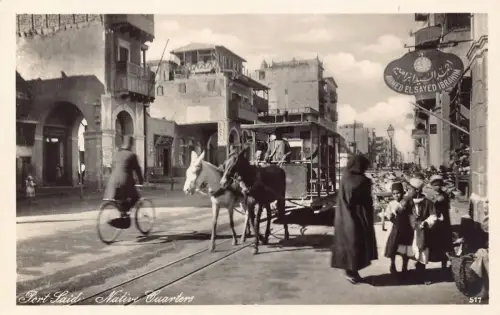 B224 Ägypten Port Said Radfahrer Esel Straßenbahn Jungen Uhr Laden Ahmed RPPC Postkarte