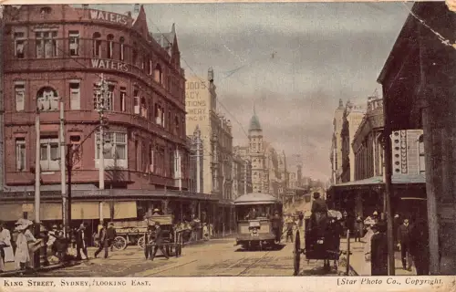 B225 Australien King Street Sydney Blick nach Osten Straßenbahn Wasser Gebäude Postkarte