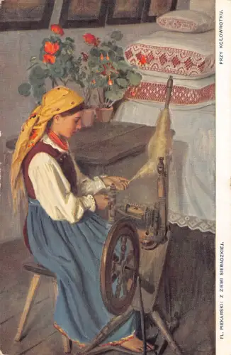 B224 Polen Ureinwohner Mädchen weben Wolle ethnische Kunst Vintage Postkarte