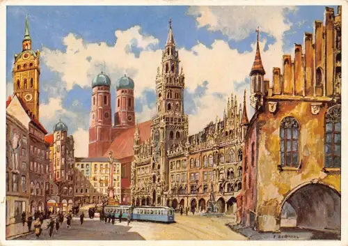 B233 Deutschland München Kunst Straßenbahn Rathaus Vintage Postkarte