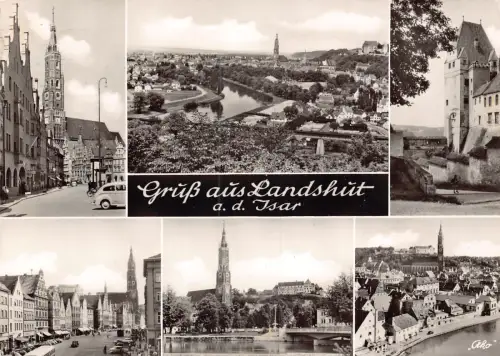 B233 Deutschland 1962 Gruss aus Landshut ad Isar Auto Kirchturm Oldtimer Postkarte