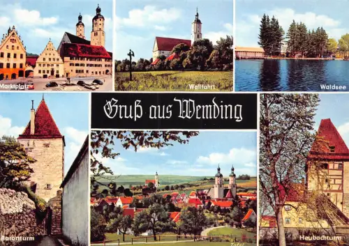 B235 Deutschland Gruss aus Wemding Türme Heubachturm Waldsee Kirche Postkarte