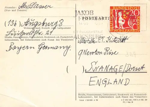 B236 Deutschland Augsburg 1959 bis Swanage Dorset Märchenmarke Ganzsache