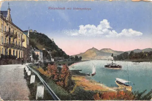 B239 Deutschland Rolandseck mit Siebengebirg Dampfschiffe Vintage Postkarte
