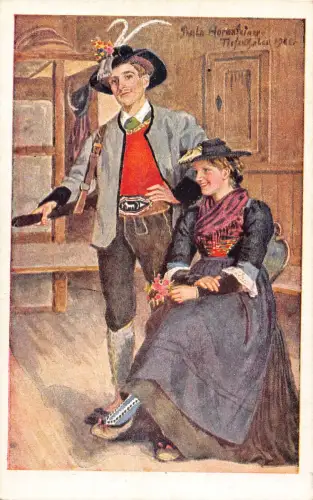 B239 Italien Bozen Paar in Trachten Kunst Postkarte