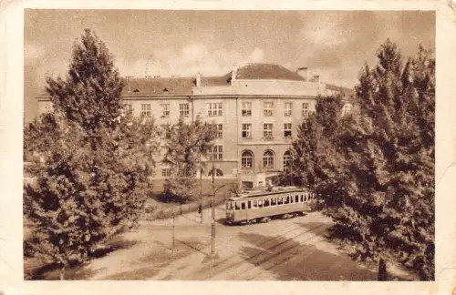 B240 Polen Warschau Warschau Wirtschaftsschule Straßenbahn Vintage Postkarte