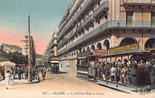 B244 Algerien Algier LAvenue Bab-el-Oued Straßenbahn Farine Mexicaine Adv Schild Postkarte