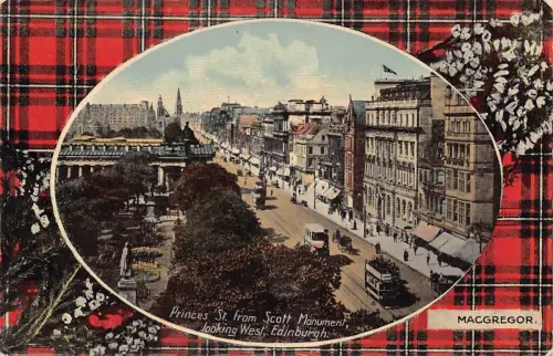 B247 Schottland Edinburgh Princes st Trams Macgregor Tartan Passepartout Postkarte
