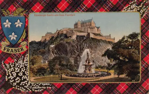 B247 Schottland Edinburgh Castle Ross Fountain Fraser Tartan Passepartout Postkarte
