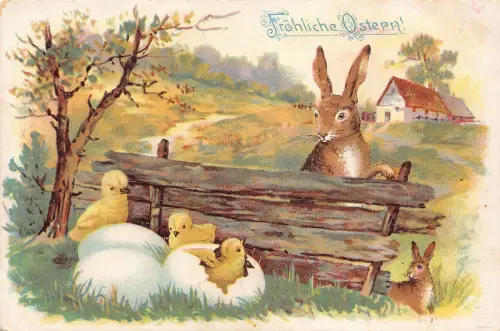 B249 Ostergrüße 1906 Hasen Küken in Eierschalen Litho Postkarte