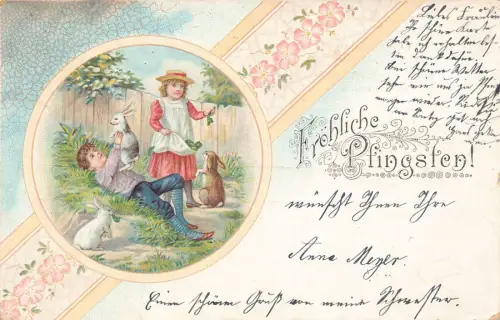 B249 Pfingstgrüße 1907 Blumen Kinder spielen mit Hasen Litho Postkarte