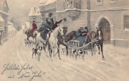 B249 Neujahrsgrüße 1909 Herren Jäger reiten Beagle Hunde Litho Postkarte