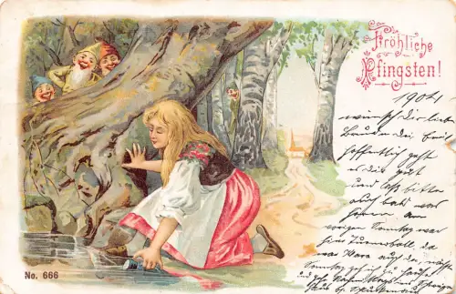 B249 Pfingstgrüße 1904Fantasie Mädchen von Wichteln beobachtet Litho Postkarte