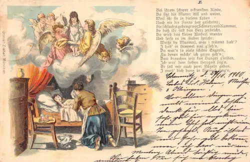 B249 Religiös 1900 Totes Mädchen im Himmel Engel Traurige Mutter Gedicht Litho Postkarte
