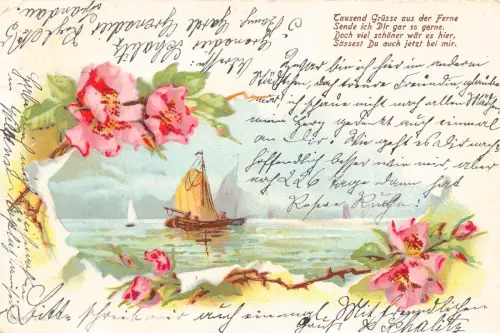 B250 Gruß 1903 Segelboot Wildrosen Passepartout Litho Postkarte