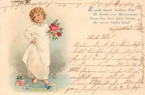 B250 Mädchen im Nachthemd Rosen Blumenstrauß Litho 1903 Vintage Postkarte