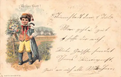 B249 Grüß Gott 1899 Junge mit Blumenstrauß und Schirm Vintage Postkarte