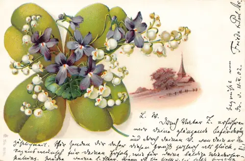 B249 Frühlingsgrüße 1902 Kleeblatt Veilchen Maiglöckchen Kirche Postkarte