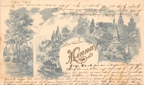 B249 Minna 1900 Stadt Landschaft Bank Wassermühle Bäume Namibia Vintage Postkarte