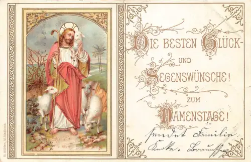 B249 Namenstag Grüße 1904 Jesus Christus Lämmer Religiös Vintage Postkarte