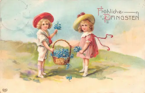 B250 Pfingstgrüße 1914 Kinder Vergissmeinnicht Blumen Korb Postkarte