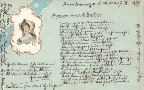 B250 Grüße 1899 Frau Portrait Blumen Vintage Postkarte