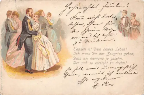 B250 Liebesromantik 1909 Paar tanzt auf Party Vintage Postkarte