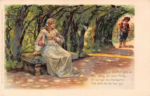 B250 Love Romance Trumpeter and Lady Meeting at Walk Litho Vintage Postkarte