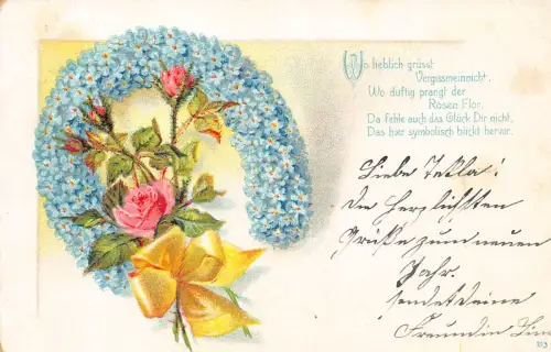 B250 Viel Glück 1901 Allegorisches Hufeisen der Vergissmeinnicht Rosen Postkarte