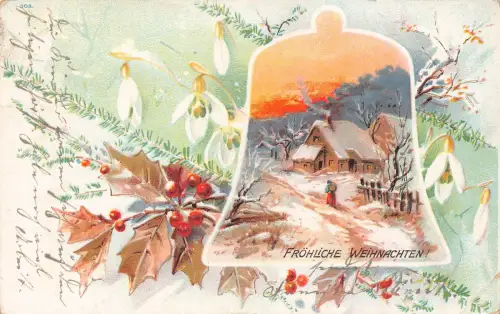B250 Weihnachten 1905 Glocke Passepartout Schneeansicht Schneeglöckchen Heiliger Baum Postkarte