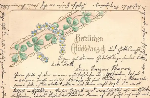 B251 Glücksgrüße Allegorisches Blumenhufeisen Kleeblatt Prägepostkarte