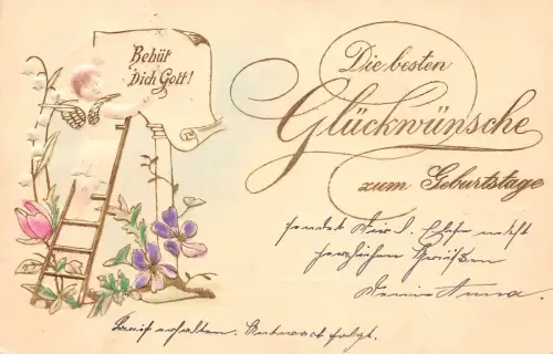 B251 Geburtstagsgrüße 1900 Blumen Cherub Jugendstil Prägepostkarte