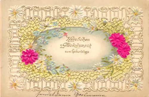 B251 Geburtstagsgrüße 1902 Blumen Gänseblümchen Seide Neuheit geprägte Postkarte