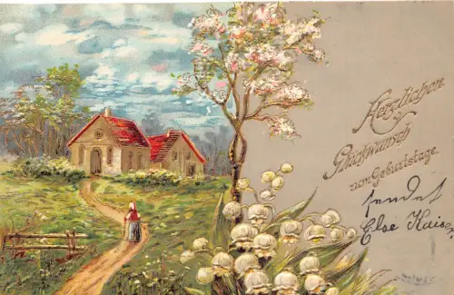 B251 Geburtstagsgrüße 1907 Frühlingsansicht Maiglöckchen Prägepostkarte