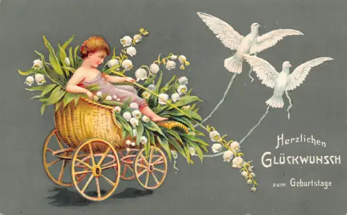 B251 Geburtstag 1909 Maiglöckchenwagen von Tauben gezeichnet geprägte Postkarte