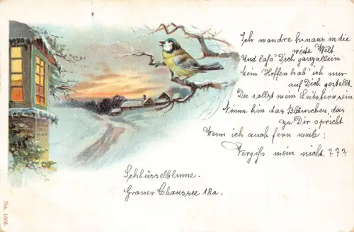 B251 Winterszene 1900 Singvogel Triller Schnee Landschaft Häuser Postkarte