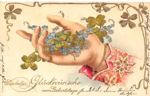 B251 Geburtstagsgrüße 1907 Vergissmeinnicht Kleeblätter in handgeprägter Postkarte