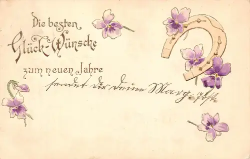 B252 Neujahrsgrüße 1900 Hufeisen violette Blumen geprägt Vintage Postkarte