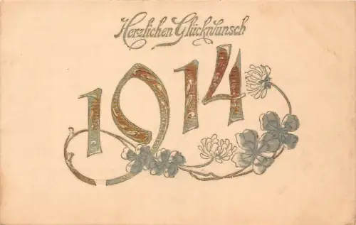 B252 Neujahrsgrüße 1914 Große Zahlen Kleeblatt Distel Prägepostkarte