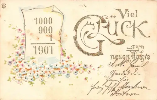 B252 Neujahrsgrüße 1900 Blumenseite Mathe Prägepostkarte