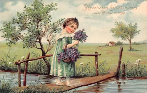 B251 Geburtstagsgrüße 1911 Mädchen überquert Brücke violette Blume geprägte Postkarte